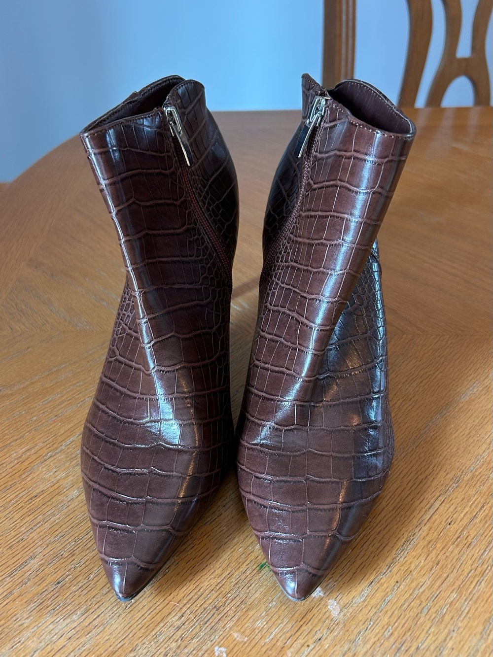 Nine West Brown Croc Embossed Ankle Boots Pointed Toe Stiletto Heel Sz 9